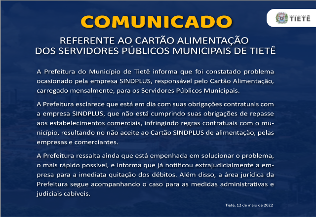 COMUNICADO REFERENTE AO CARTÃO ALIMENTAÇÃO DOS SERVIDORES PÚBLICOS