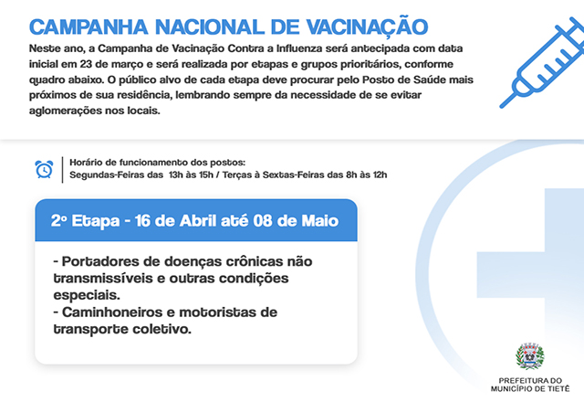 Segunda Etapa da Campanha de Vacinação contra a Influenza começa nesta quinta-feira