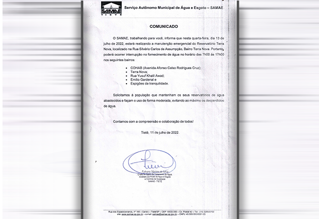COMUNICADO SAMAE - INTERRUPÇÃO NO FORNECIMENTO DE ÁGUA