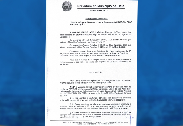 DECRETO N° 6.999/2021 – “DISPÕE SOBRE MEDIDAS PARA CONTER A DISSEMINAÇÃO COVID-19 - FASE DE TRANSIÇÃO”