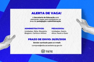 Secretaria de Educação abre vagas para estagiários em Tietê