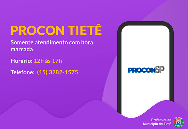 A Prefeitura do Município de Tietê informa que o Procon voltará a funcionar a partir de hoje, segunda-feira, dia 08.