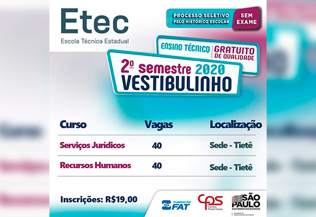 A Etec de Tietê informa que começará hoje as inscrições
