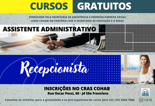 CURSOS GRATUITOS - RECEPCIONISTA E ASSISTENTE ADMINISTRATIVO