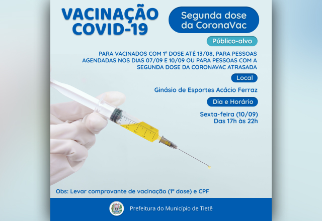 VACINAÇÃO CONTRA A COVID-19 (SEGUNDA DOSE DA CORONAVAC 10/09)