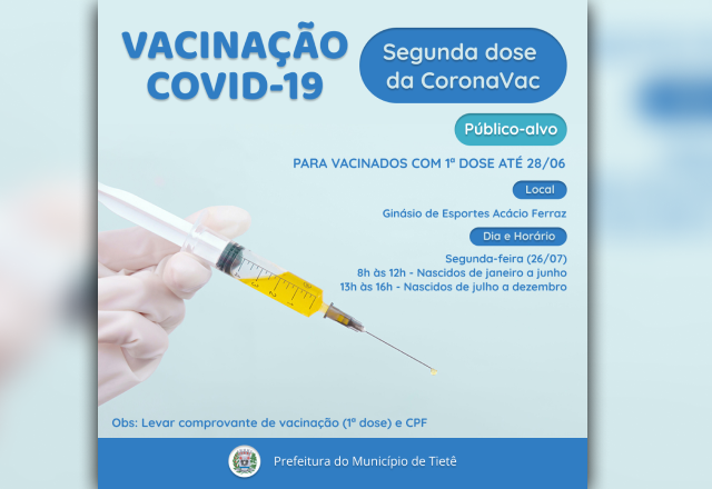 VACINAÇÃO CONTRA A COVID-19 (SEGUNDA DOSE CORONAVAC)