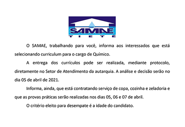 Balcão de Empregos - SAMAE 18/03/2021