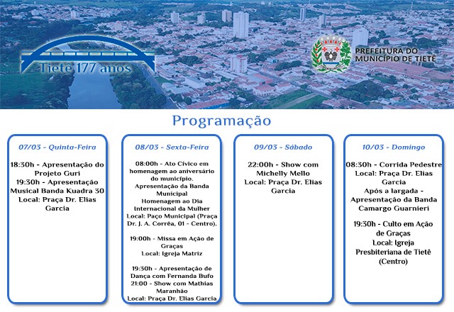 Tietê completa 177 anos com diversas atrações para a população