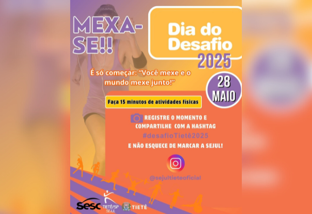 A SEJUL (Secretaria de Esportes , Juventude e Lazer) convida todos os servidores municipais a participar desta campanha de atividade física na quarta feira dia 28/05/2025 denominado
