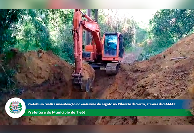 A Prefeitura realiza manutenção no emissário de esgoto no Ribeirão da Serra, através do SAMAE.