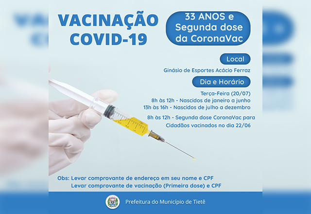 VACINAÇÃO CONTRA A COVID-19 (33 ANOS E SEGUNDA DOSE CORONAVAC)