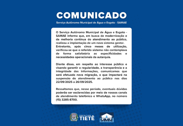 COMUNICADO SAMAE NOVA MIGRAÇÃO