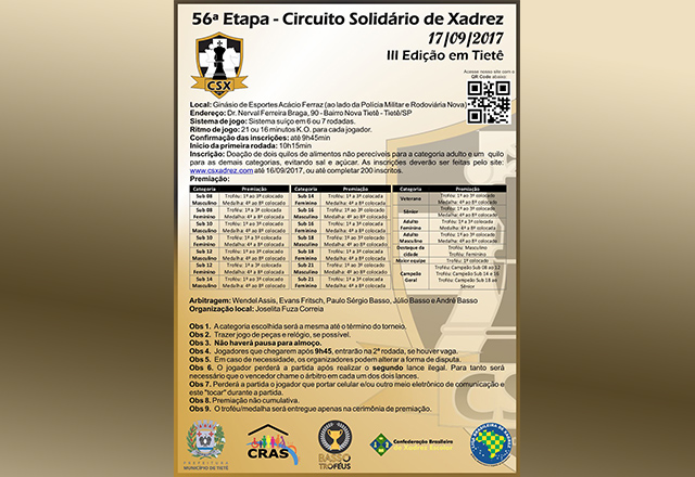 56ª Etapa do Circuito Solidário de Xadrez acontece em Tietê