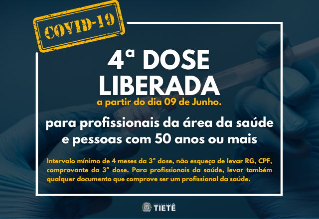 4ª dose liberada a partir de 09/06 para profissionais da Saúde e pessoas com 50 anos ou mais