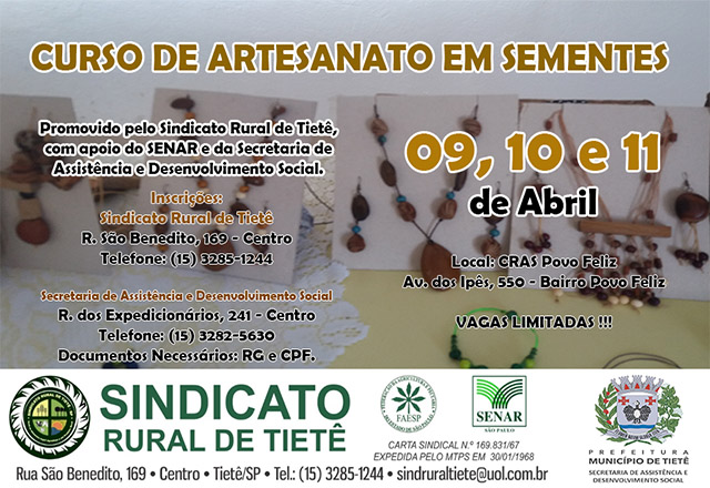 Sindicato Rural de Tietê promove curso de Artesanato em Sementes