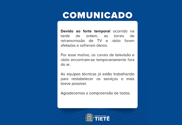 Torres de retransmissão de TV e rádio foram afetadas