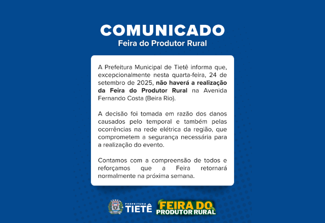 FEIRA DO PRODUTOR (24.09) CANCELADA