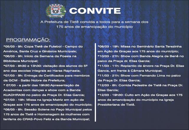 175 anos de emancipação de Tietê terá semana comemorativa