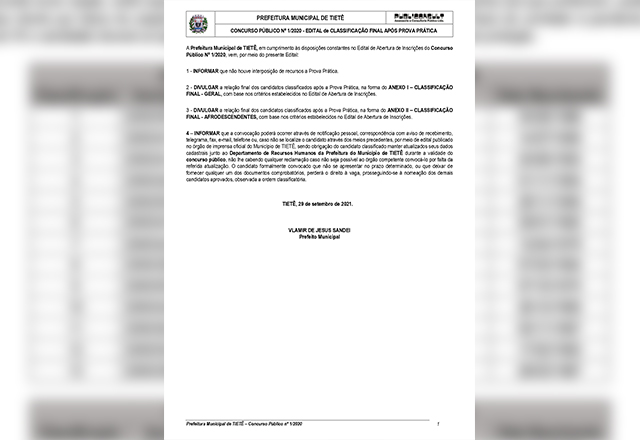 CONCURSO PÚBLICO Nº 1/2020 - EDITAL de CLASSIFICAÇÃO FINAL APÓS PROVA PRÁTICA