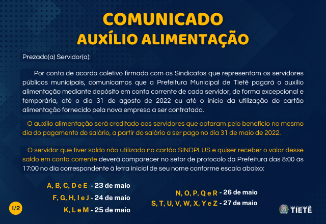 COMUNICADO – AUXÍLIO ALIMENTAÇÃO