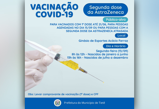 VACINAÇÃO CONTRA A COVID-19 (SEGUNDA DOSE DA ASTRAZENECA 13/09)